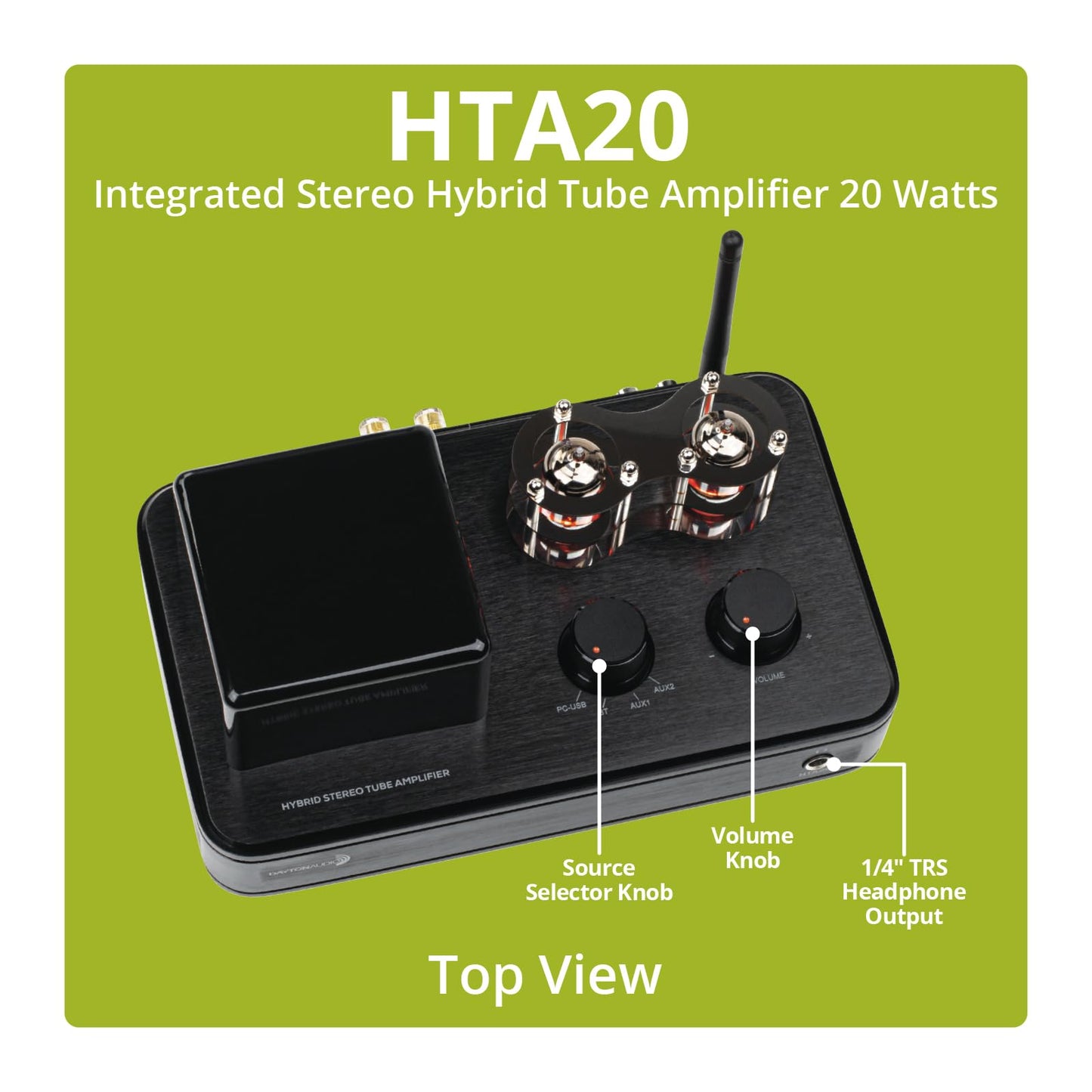 Dayton Audio HTA20 Integrated Stereo Hybrid Hi-Fi Vacuum Tube Class A/B Amplifier 20 Watts RMS with Subwoofer Output, Headphone Output, Bluetooth 5.0