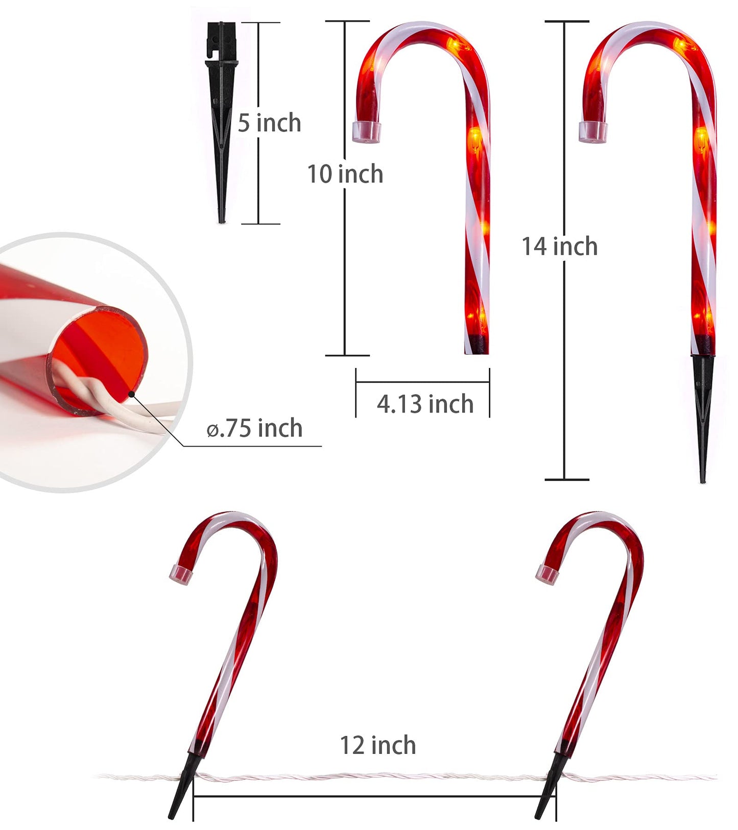 Candy Cane Christmas Lights Outdoor, 10 inch Lighted Candy Cane Yard Lights with Set of 10 Candy Canes Outdoor Walkway Christmas Lights Pathway Lawn