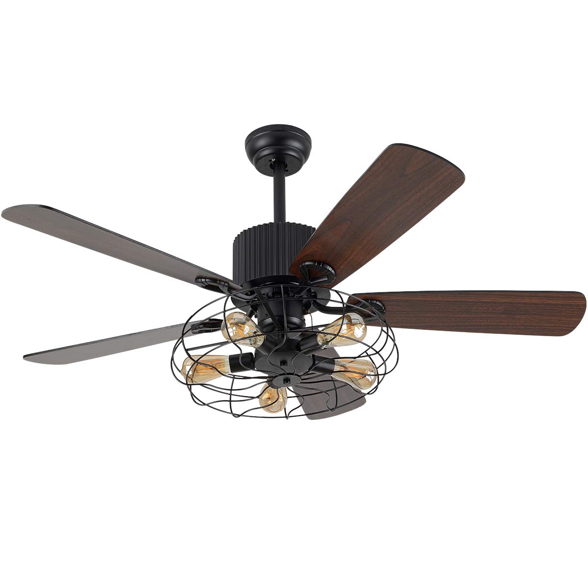 OUKANING Retro Industrial Ceiling Fan Light 52 Inch 5-Lights E27 Fixture for Restaurant Living Room Bedroom Create Iron Cage Rustic Style (52" Retro