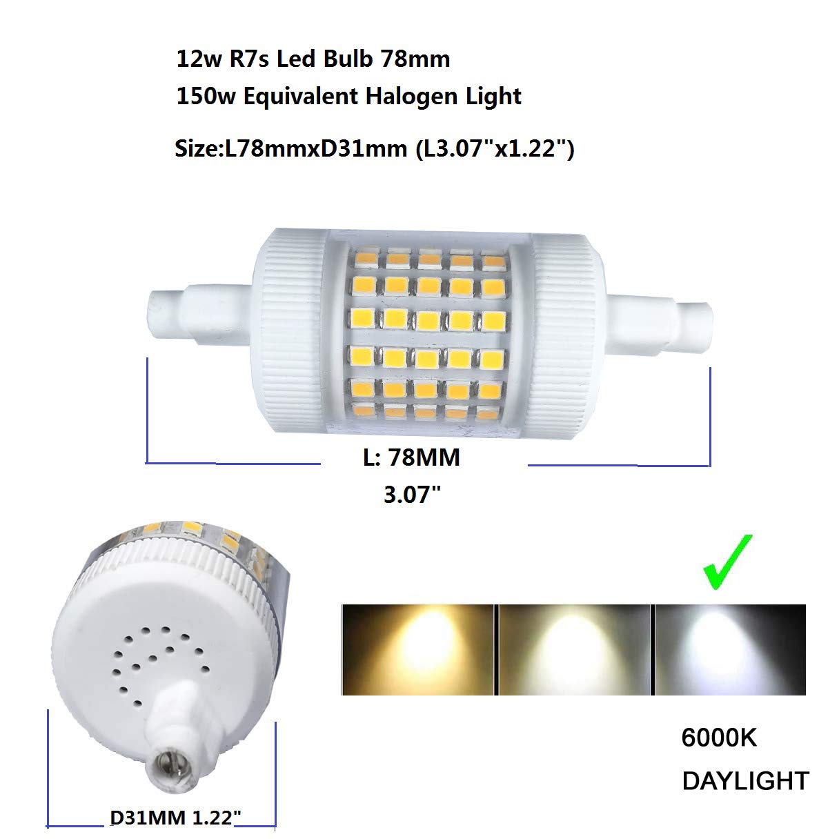 QLEE Dimmable 12W R7s LED Bulb 78mm Daylight 150W Equivalent Halogen 3.1" Double Ended J Base T3 R7s 120V Flooding Reading Working Security Floor Lamp