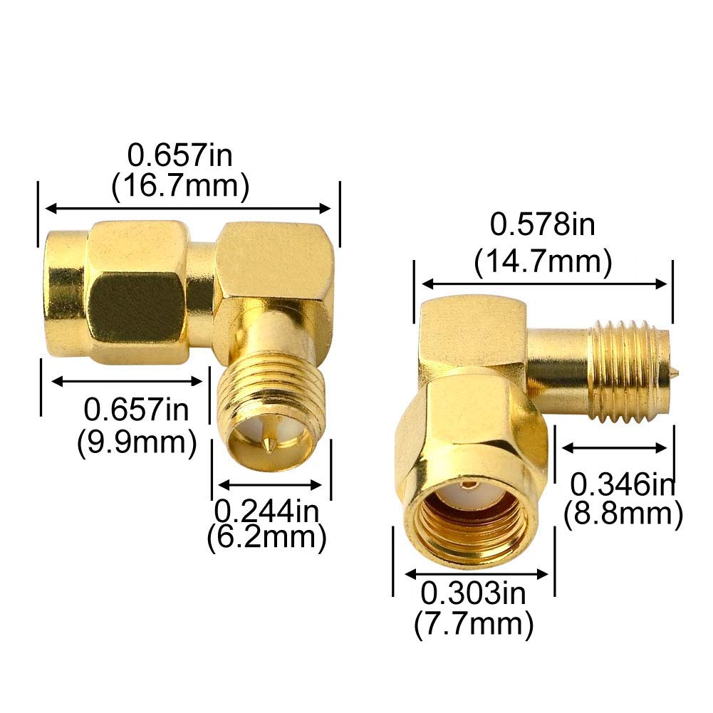 Boobrie 90 Degree Reverse Polarity SMA Coax Adapter RP SMA Male to RP-SMA Female Right Angle Connector for Audio FPV Drone Antennas Radio Video 2-Pack