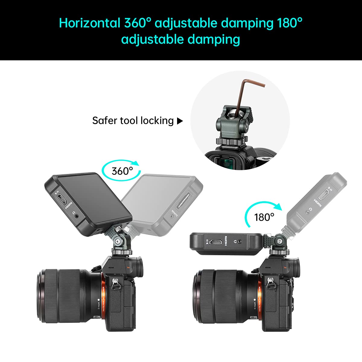 Camera Monitor Mount with Cold Shoe 1/4 Screw for 5" & 7" Monitor, 360°Swivel and 176° Tilt Field Mount Holder for LED Lights, Flash, Microphone
