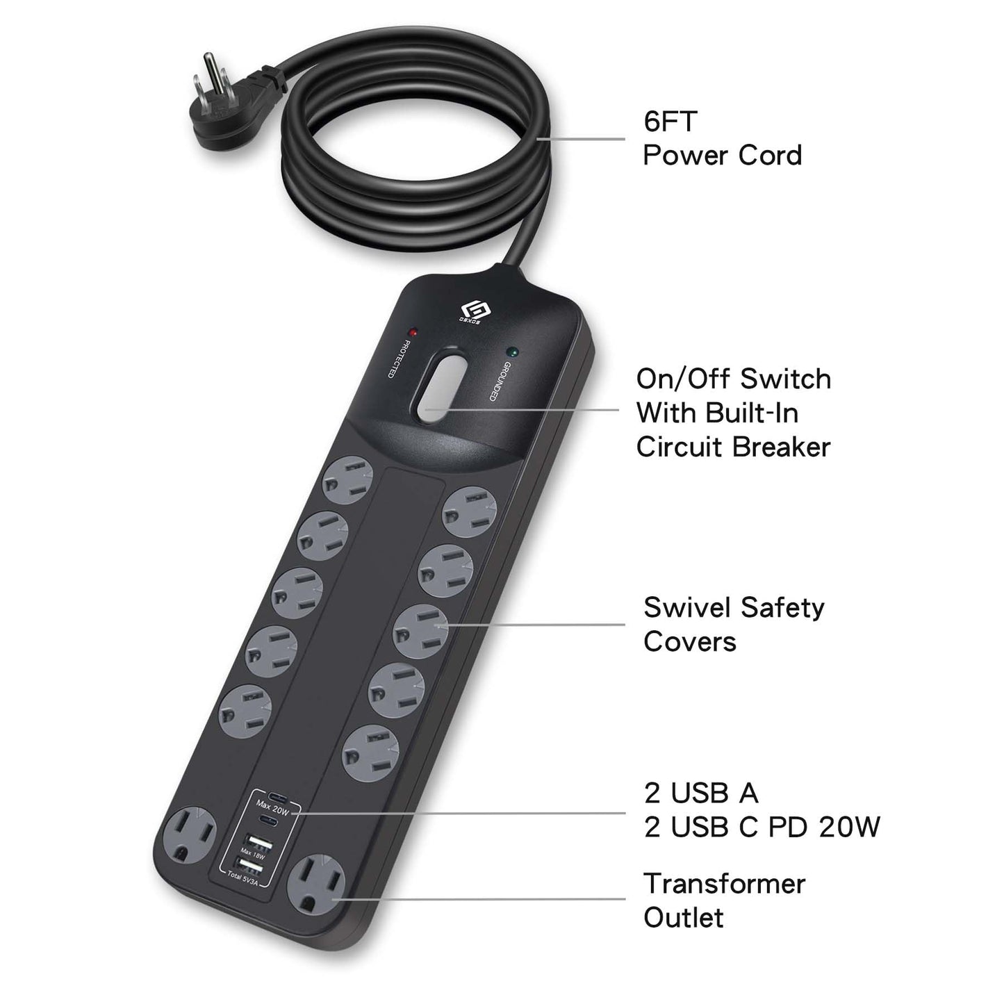 OSKOS PD20W USB-C Charger, 18W USB-A Fast Charging, Four Ports (2A2C), 12 outlets Power Strip with 6FT 14/3 Cord, 3540 Joules Surge Protected, 15A