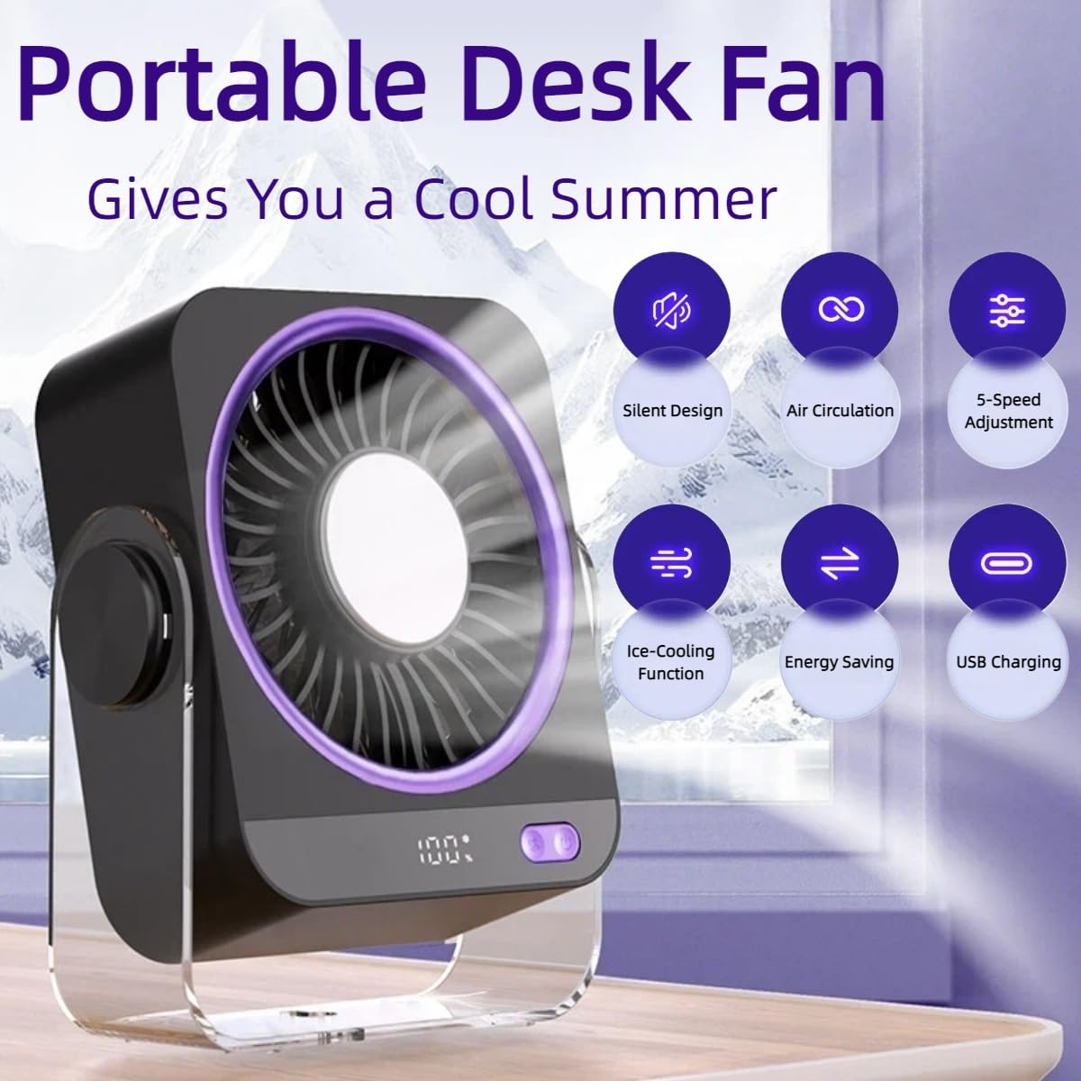 Rechargeable USB Desk Fan with Cooling Function, 5 Speeds Quiet Portable Fan with Digital Display,Turbo Airflow & 180° Tilt,Small Personal Fan