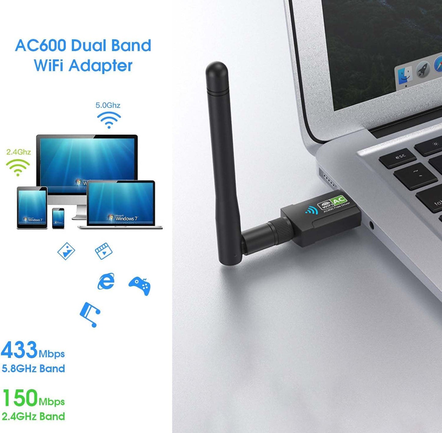 AC600 USB WiFi Adapter for PC Wireless USB Network Adapters Dual Band 2.4GHz? 5GHz?Supports Win11/10/8/7/XP. Black