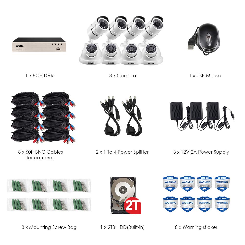 ZOSI 8CH 1080P Security Camera System Outdoor with 2TB Hard Drive,8 Channel 1080P CCTV Recorder and 8pcs HD 1920TVL Home Surveillance Cameras