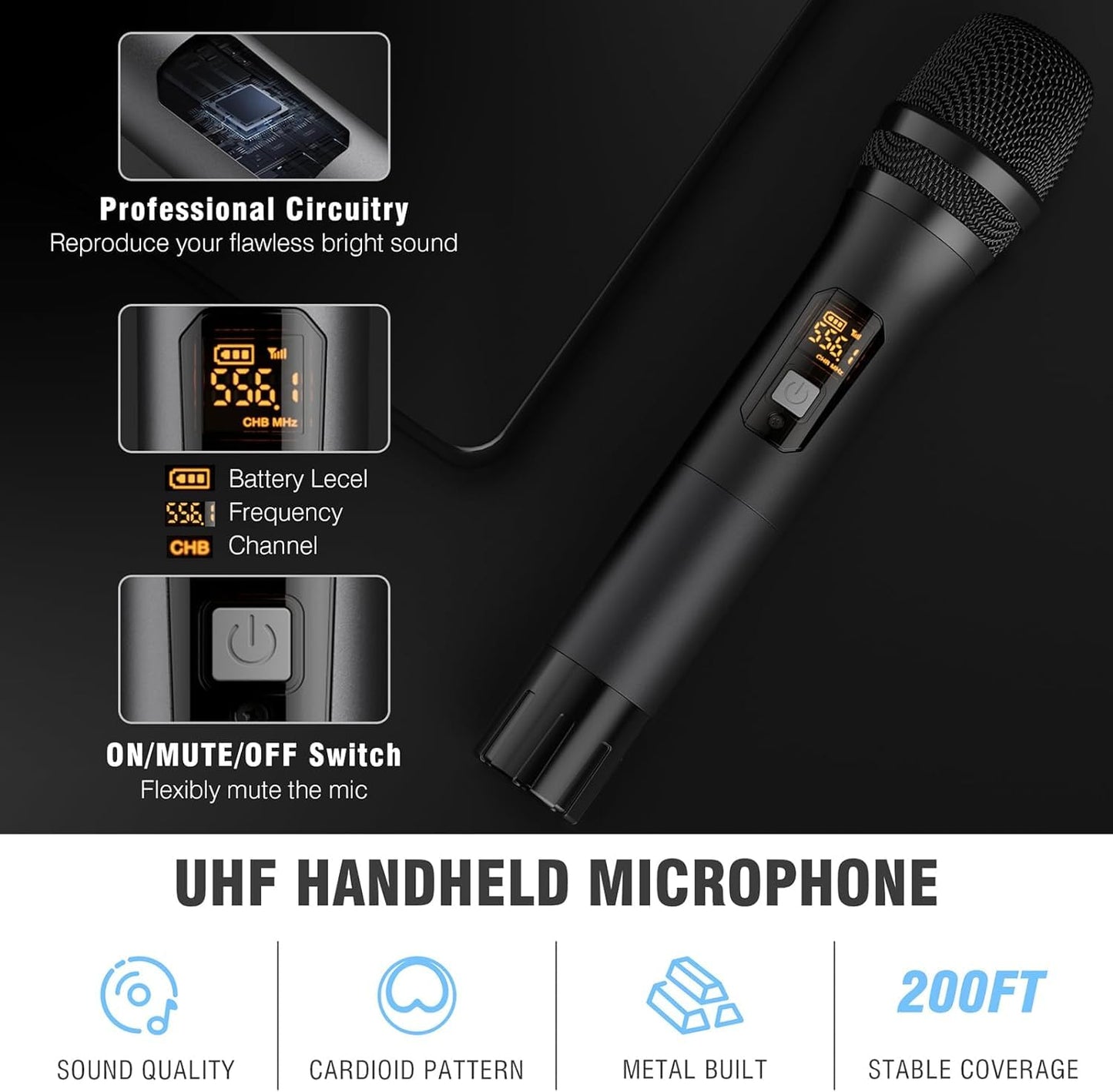voijump Wireless Microphone System, Metal Dual UHF Cordless Mics Handheld Microphone, Professional Wireless Mic Set for Karaoke, Party, Church