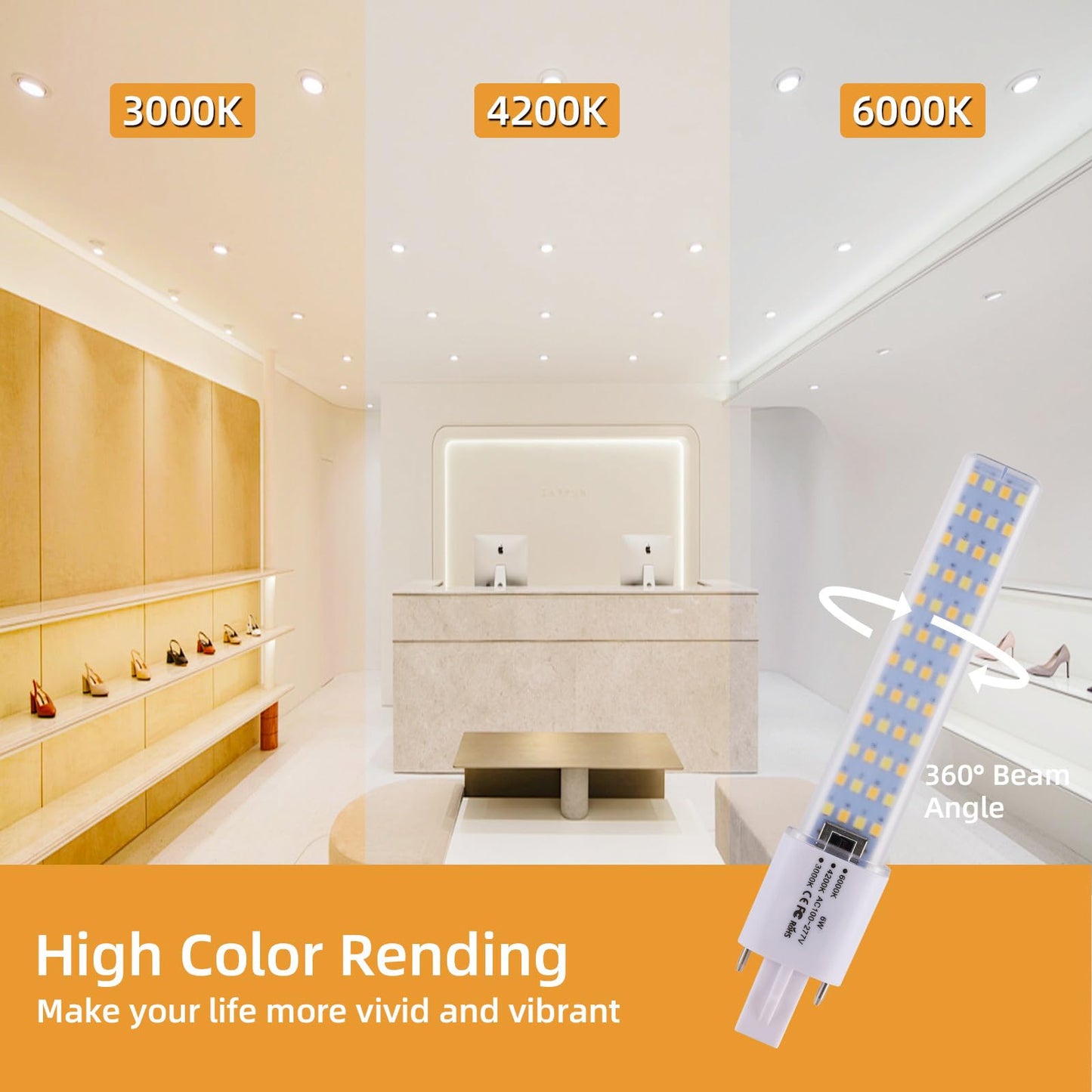 Lidesheng G23 LED Light Bulb 6W Replacement 13W CFL LED Stick PL Bulb G23-2 Pin Base, 3 Color Selectable 3000K/4200K/6000K 360° Beam Angle, Driven by