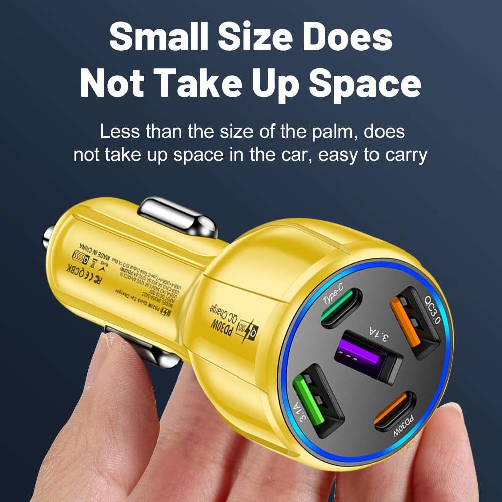 5-Port 75W USB C Car Charger, PD30W & QC3.0 Fast Charging Cigarette Lighter USB Charger Adapter for iPhone/Android/Samsung/iPad (Yellow)