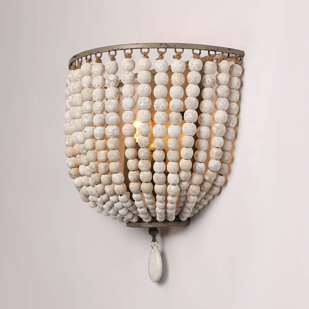 Newrays Vintage Wood Bead Wall Lamp Gray White Finishing Retro Antique with Hard Wired for Bedroom Fixtures