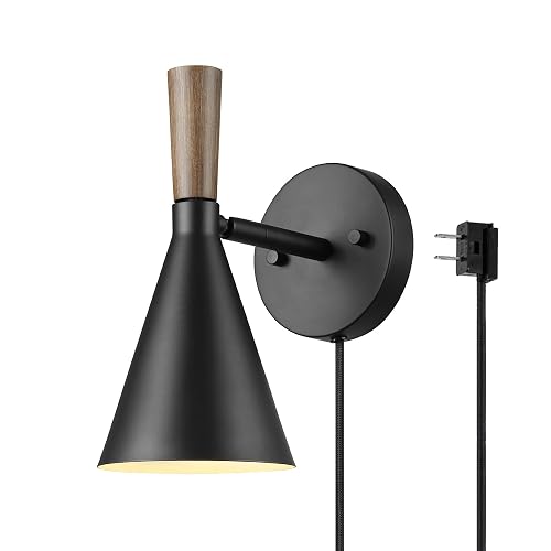 Globe Electric Plug-in or Hardwire Wall Sconce, Matte Black, Wood-Tone Switch, Metal Shade, 6-Foot Cord, 65000101