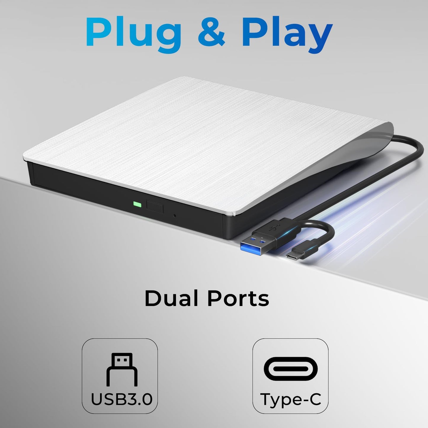 External CD/DVD Drive, USB 3.0 & Type-C CD/DVD Disc Reader Writer, CD ROM +/-RW External CD Player, Portable CD Burner for Laptop Desktop PC Mac