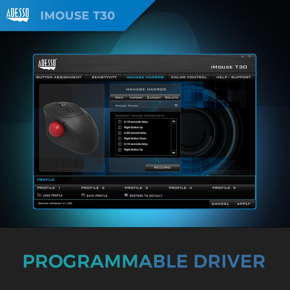 Adesso iMouse T30 Wireless Ergonomic Thumb Trackball Mouse, Black