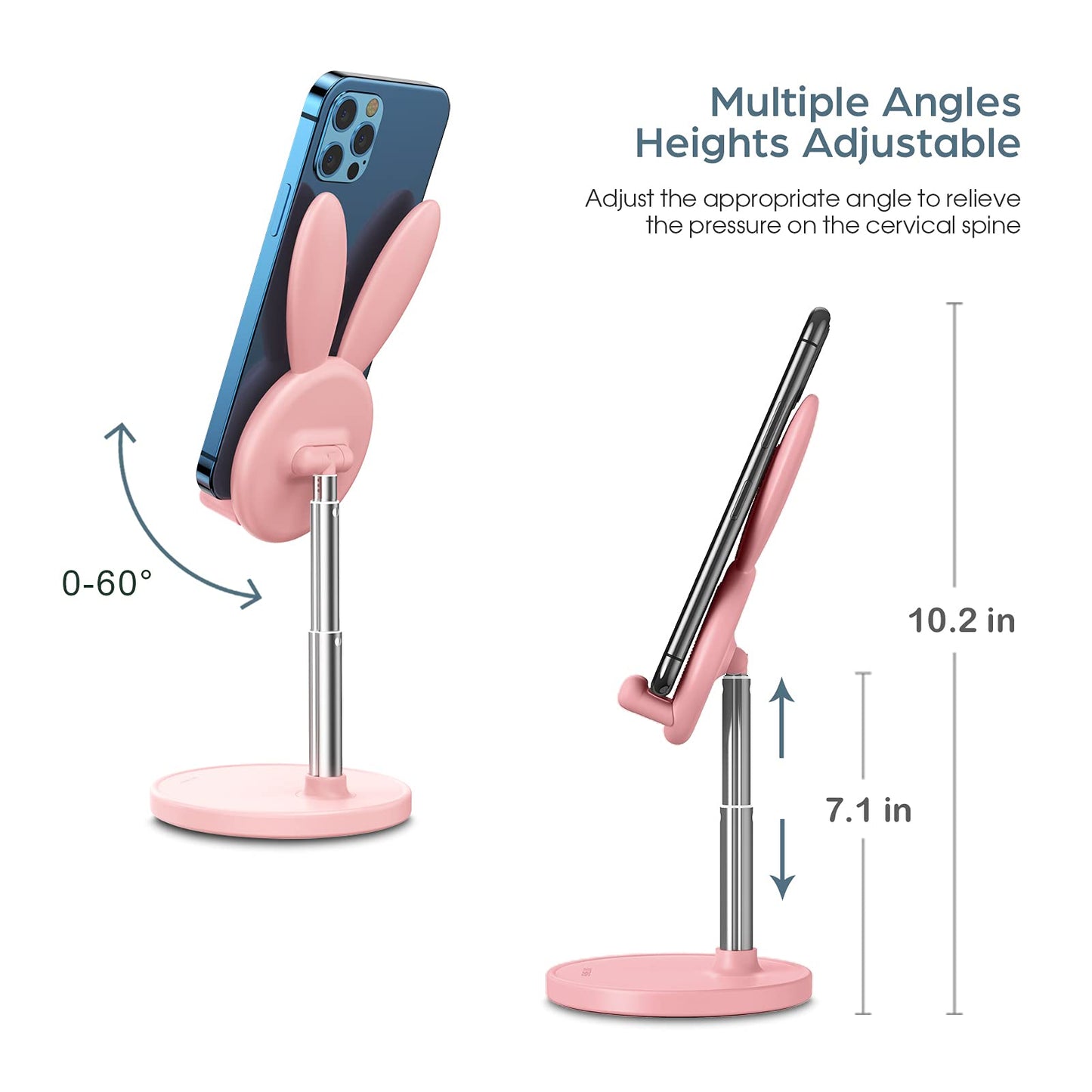 OATSBASF Cute Bunny Phone Stand, Adjustable Pink Cell Phone Holder for Desk, Weighted Base Kawaii Desk Accessories, Aesthetic Room Decor Gift