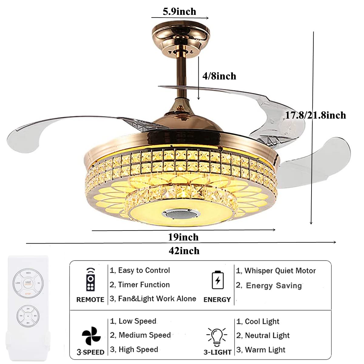 efperfect 42in Bluetooth Ceiling Fan with Lights Remote Control, Crystal Fandelier Retractable Blades LED Chandelier with Music Speaker Fan Fixtures