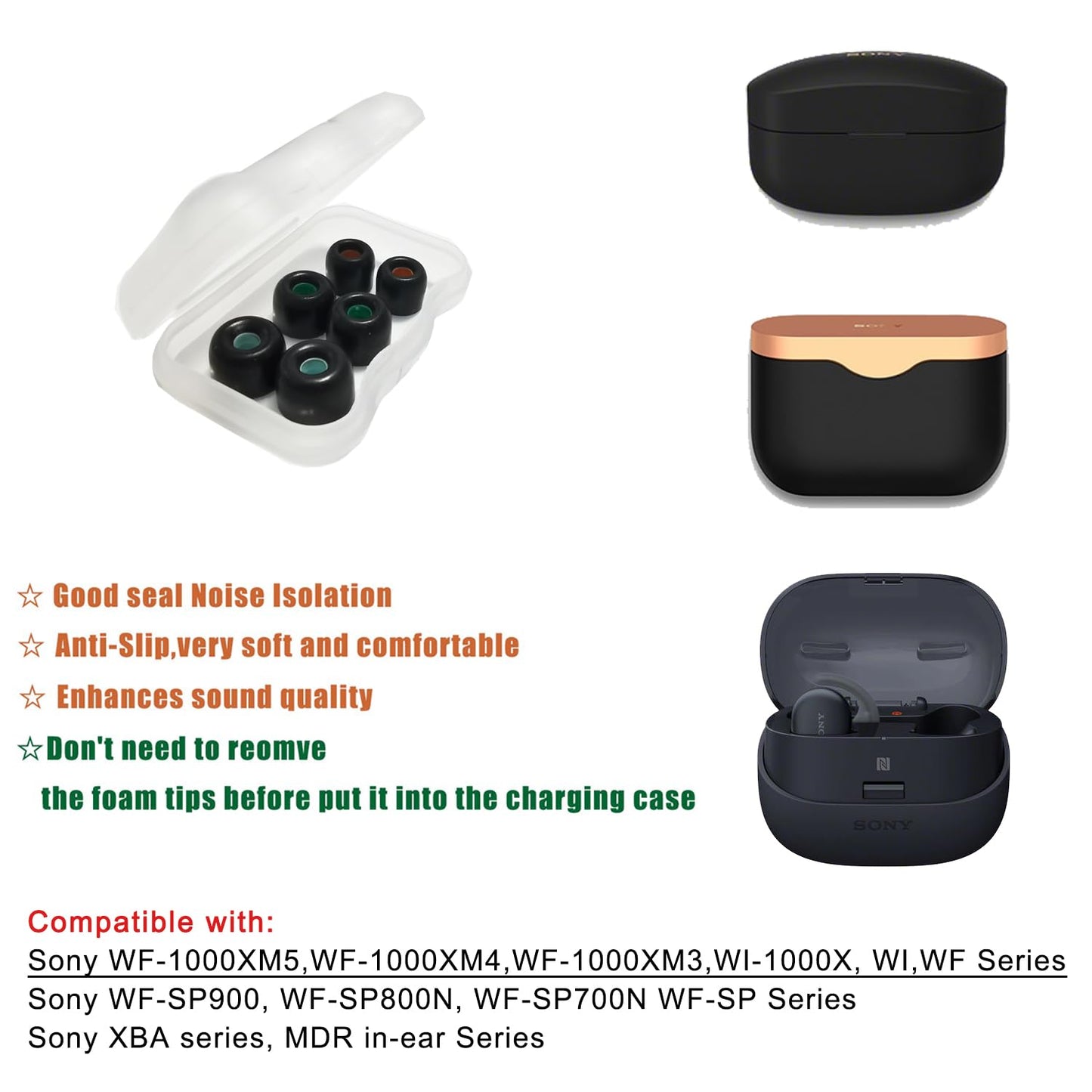 Luckvan Memory Foam Eartips for Sony WF-1000XM4 Earbuds Tips Sony Earbuds Replacement Tips WF-1000XM5 WF-1000XM3 WF-SP900 WF-XB700 WI-1000X fit
