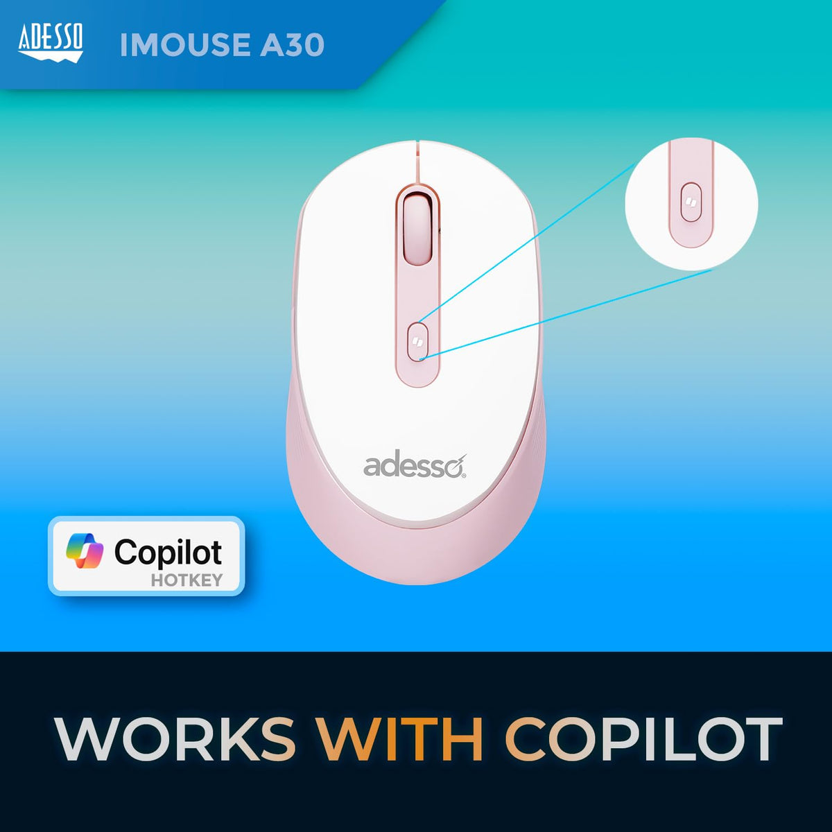 Adesso iMouse A30 Wireless Mouse with 1200 DPI, Pink