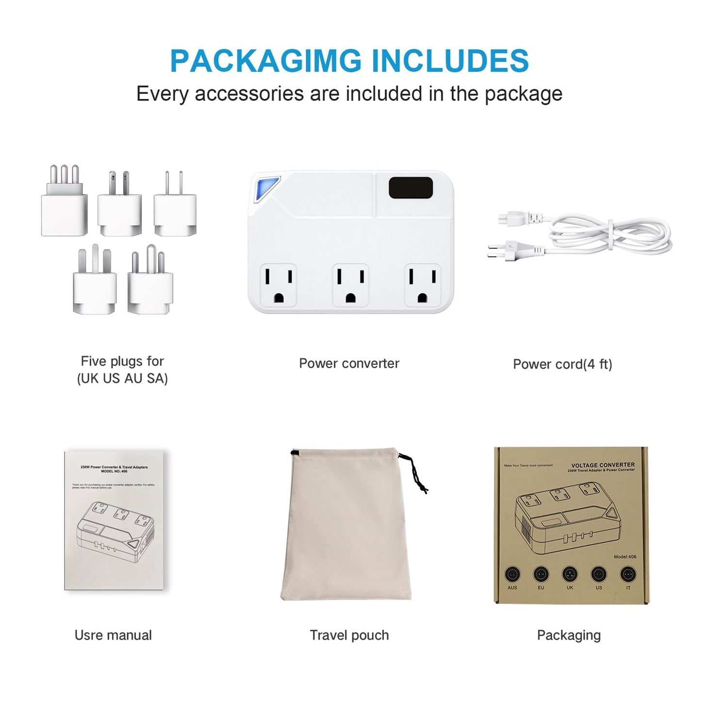250W Conversion Plug, International Travel Converter with 2 USB and 2 USB-C Ports, lowering 220V to 110V for 100V-240V Areas and Different Countries…