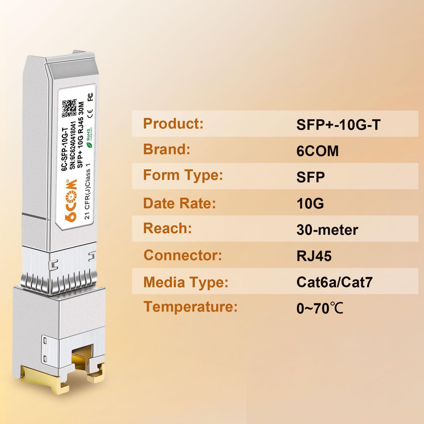 6COMGIGA 10GBase-T SFP+ Transceiver, 10Gb SFP+ to RJ45 Copper SFP Module, Compatible for Juniper EX4300 (CAT.6a/7, 30m/98.4ft)