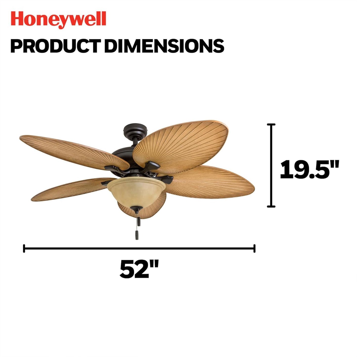 Honeywell Ceiling Fans Palm Valley, 52 Inch Tropical Indoor Outdoor Ceiling Fan with Light, Pull Chain, Three Mounting Options, 5 Palm Leaf Blades