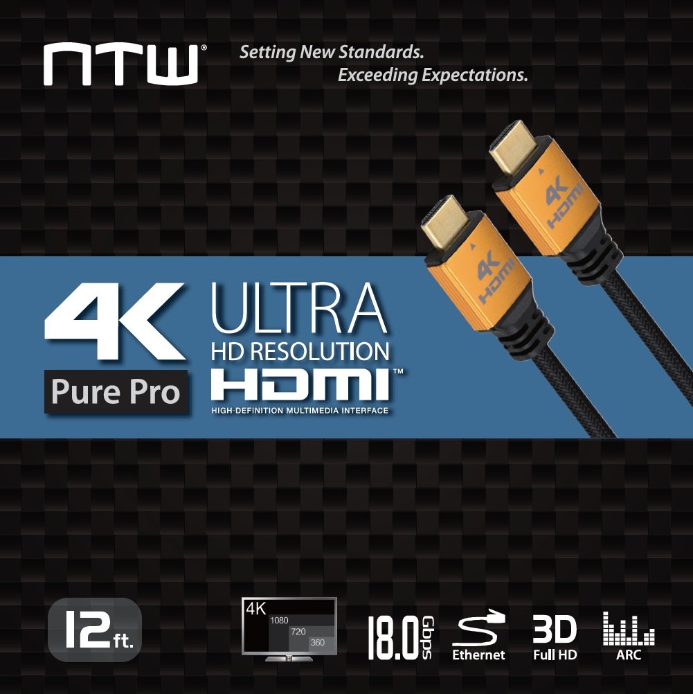 NTW PURE PRO 4K HDMI Cable 12FT High Speed 18Gbps HDMI 2.0 Cable, 4K HDR, Ultra HD Cable 3D, 2160P, 1080P, Ethernet, Audio Return(ARC), Compatible