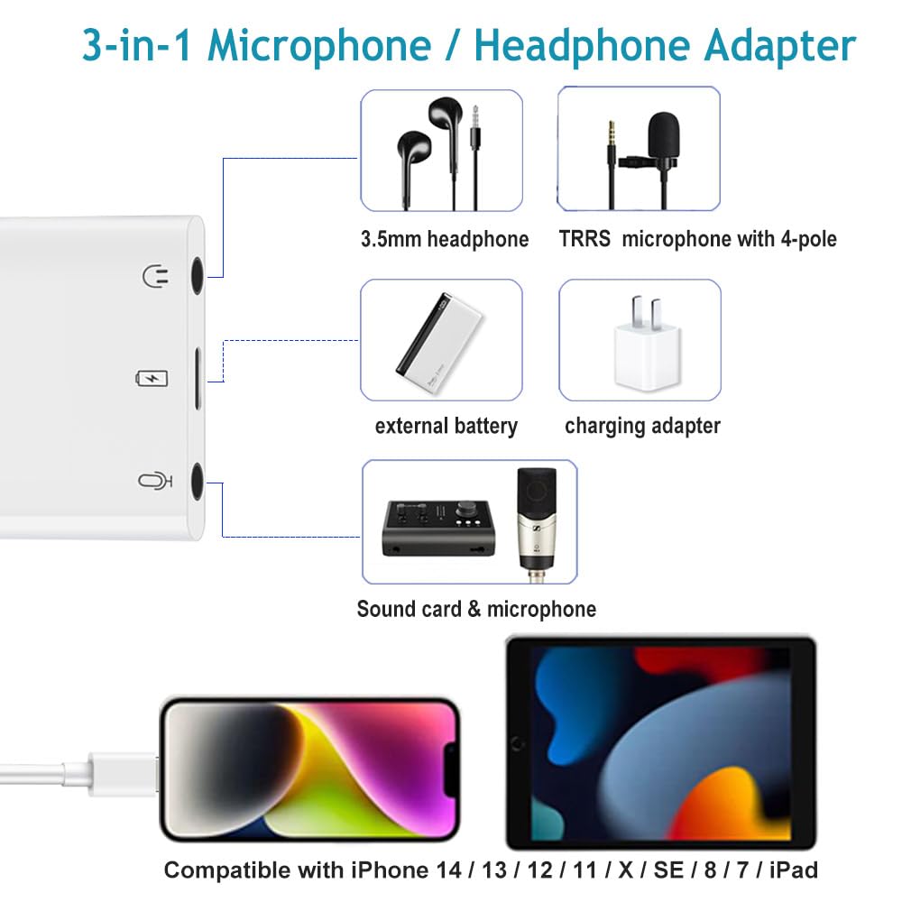 Ceotsak iPhone Microphone Adapter for Live-Streaming, Microphone & 3.5mm Headphone Adapter for iPhone/iPad, Audio & MIC Splitter with Charging Port