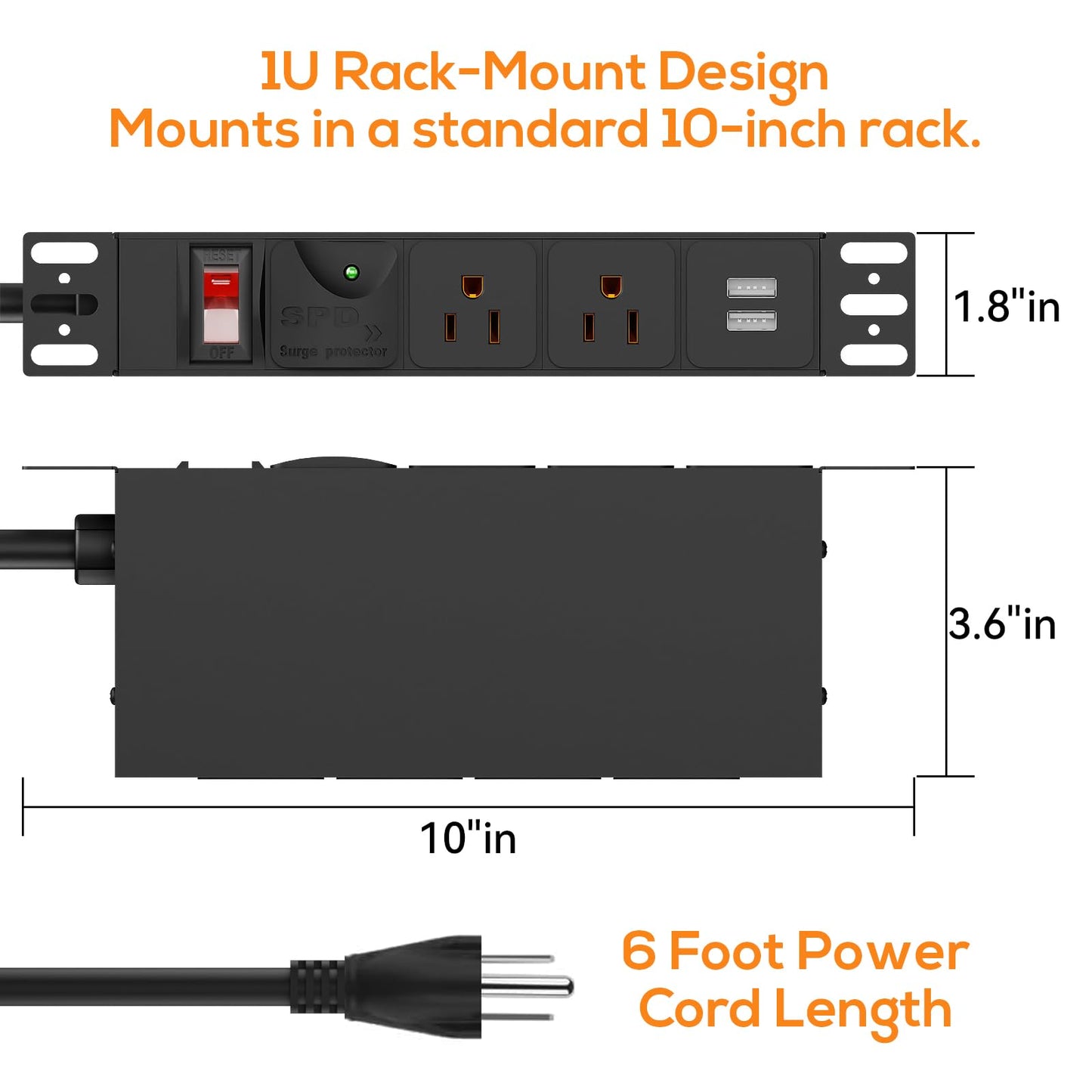 10 inch Rack PDU, 1U 6 Outlets(2 in front, 4 in back),1020J Surge Protection and 15A Overload Switch & 2 USB-A, Rack Mount Power Strips for 10'' Mini