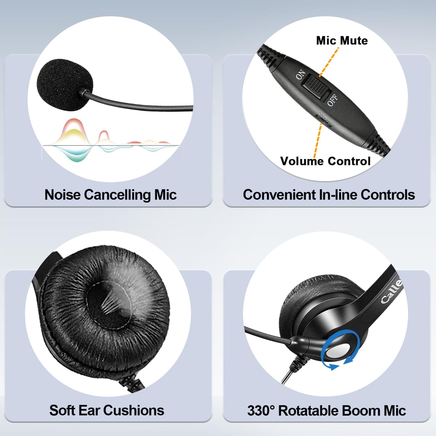 Callez RJ9 Telephone Headset Dual for Polycom Phone with Noise Cancelling Mic & Corded Office Phone Headset Compatible with Polycom Avaya Plantronics