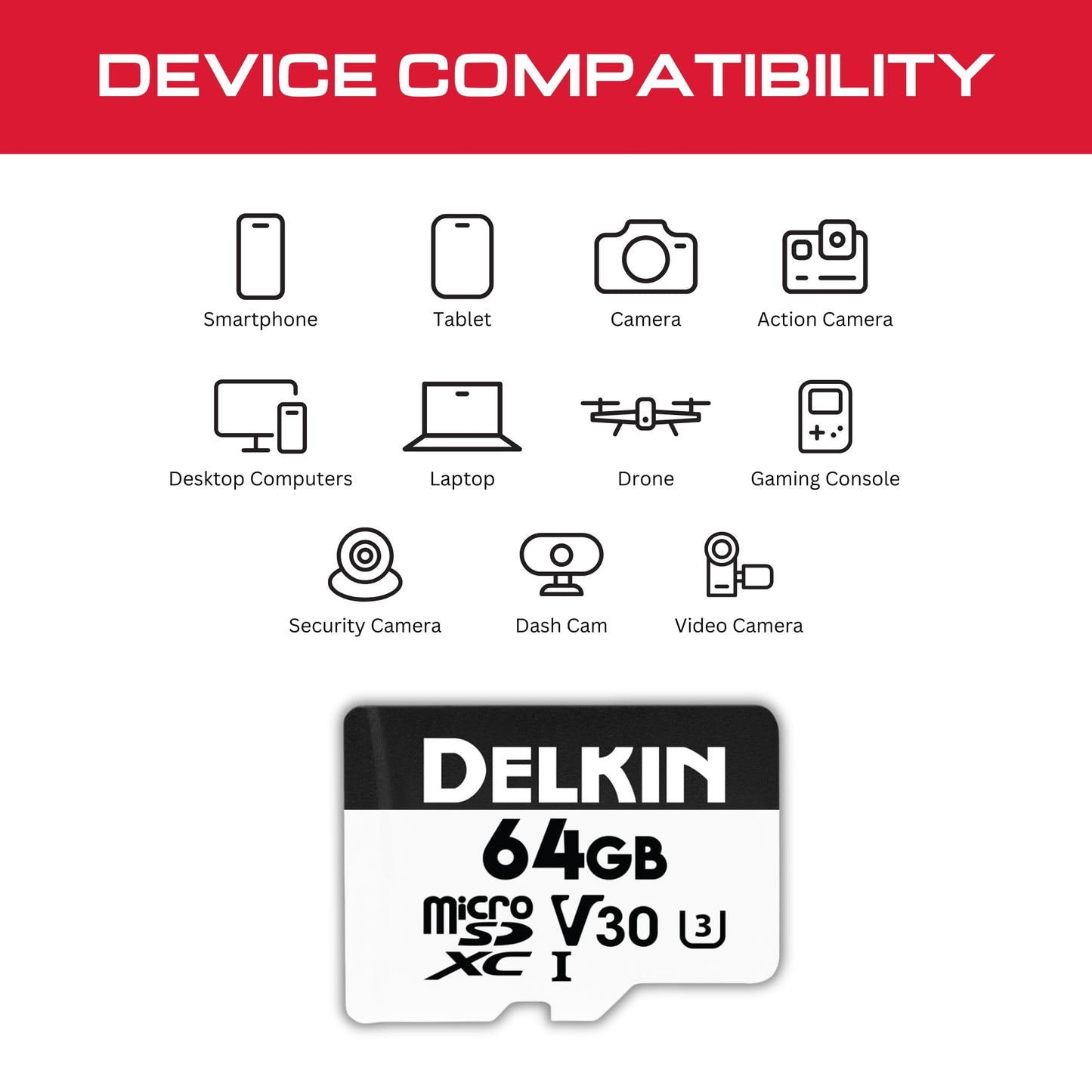 Delkin Devices Hyperspeed 64GB Micro SD Card with Adapter - 100MB/s Read, UHS-I (U3, V30), 4K & Full HD for Smartphones, Tablets, GoPro, and Dash Cam
