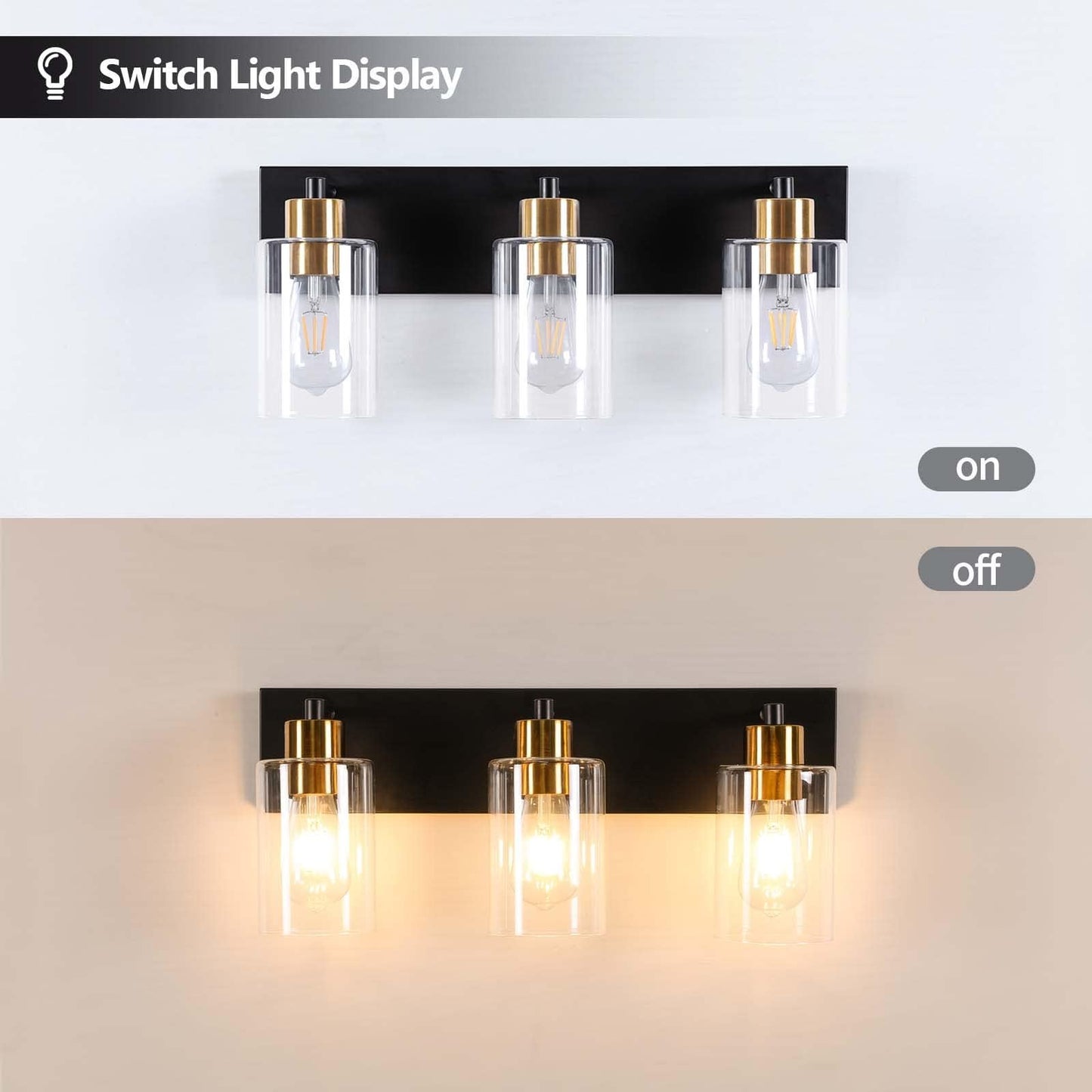 Chosenior 3-Light Black and Gold Bathroom Light Fixtures Over Mirror, Modern Vanity Lights with Clear Glass Shade Wall Sconce Lighting for Bathroom