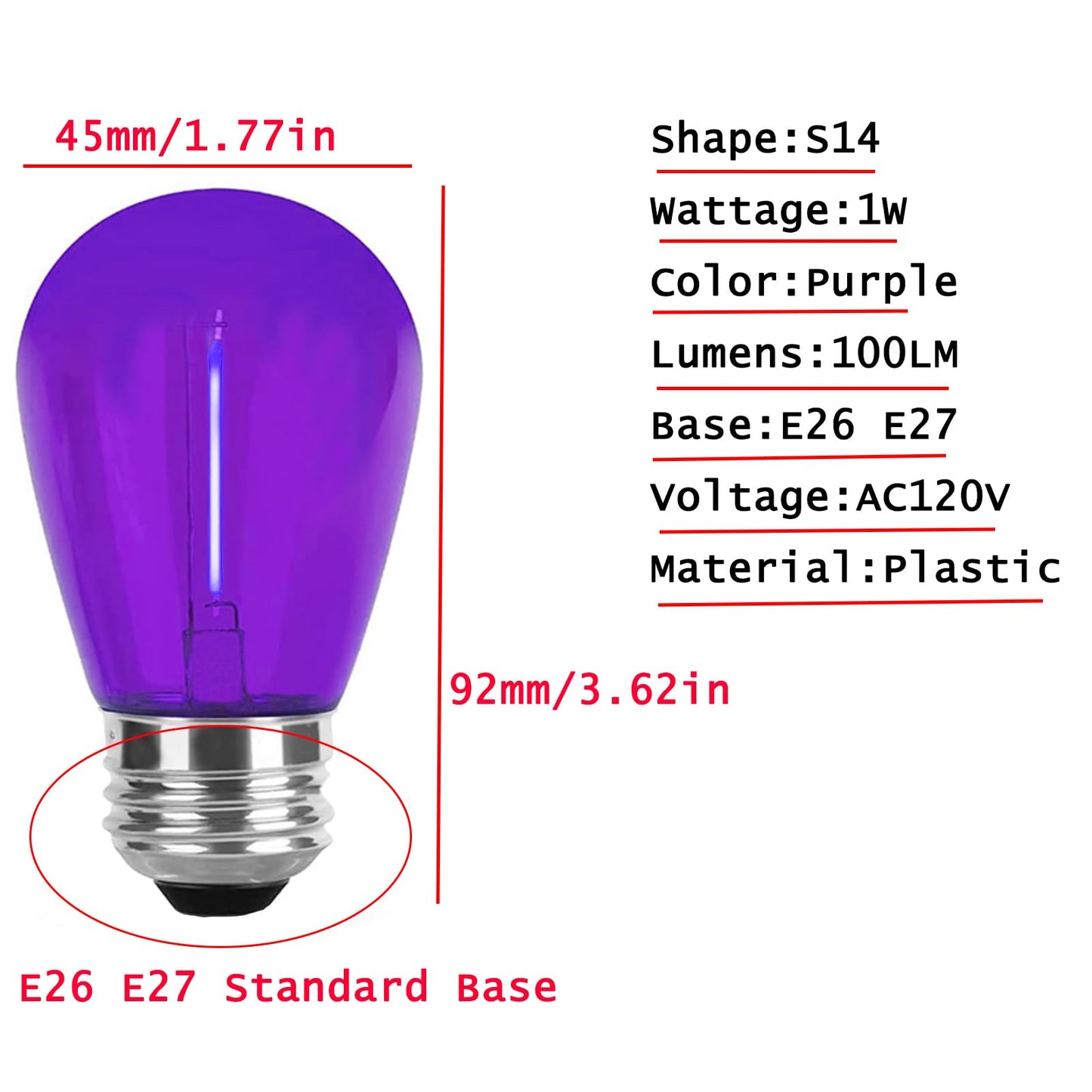 LRSUEYSKIN S14 Purple LED Bulbs 1W S14 LED Bulb Shatterproof Plastic Outdoor Indoor Filament Replacement Bulbs E26 Base Decorative LED String Light