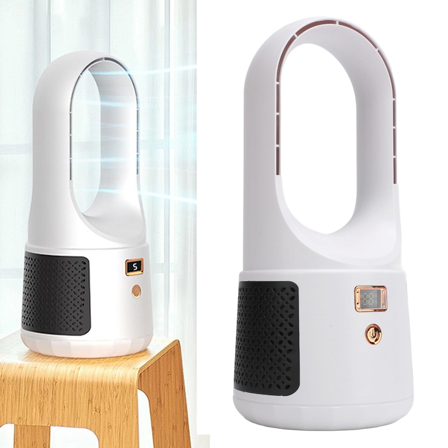 Mbeysaq USB Desk Fan 6 Speeds Wind Quiet Portable Bladeless Cooling Fan with Power Display for Home Bedroom Office (White)