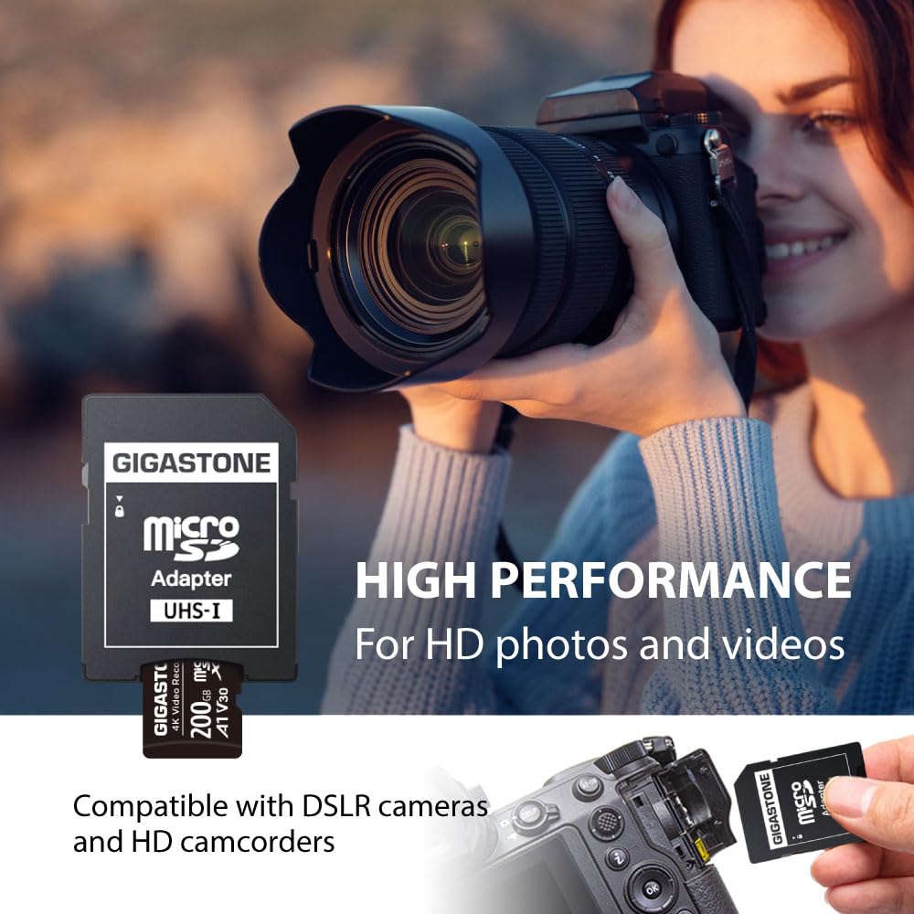 GIGASTONE 200GB Micro SD Card 2-Pack, A1 V30 4K Video Recording, Compatible with Security Camera, Dash Cam, Drone, 100MB/s MicroSDXC Memory Card