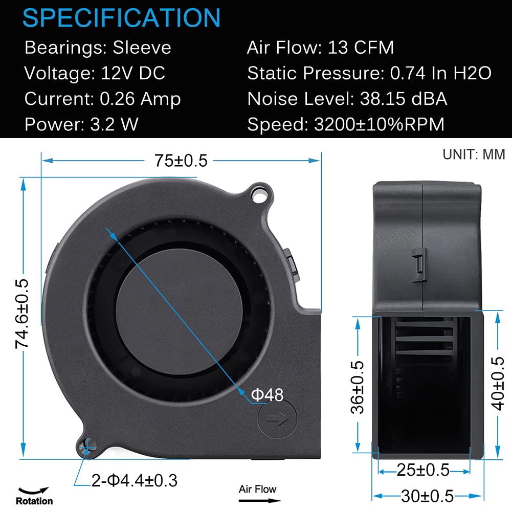 GDSTIME 75mm x 30mm 7530 DC 12 Volt Brushless Turbo Blower Cooling Fan 2Pin