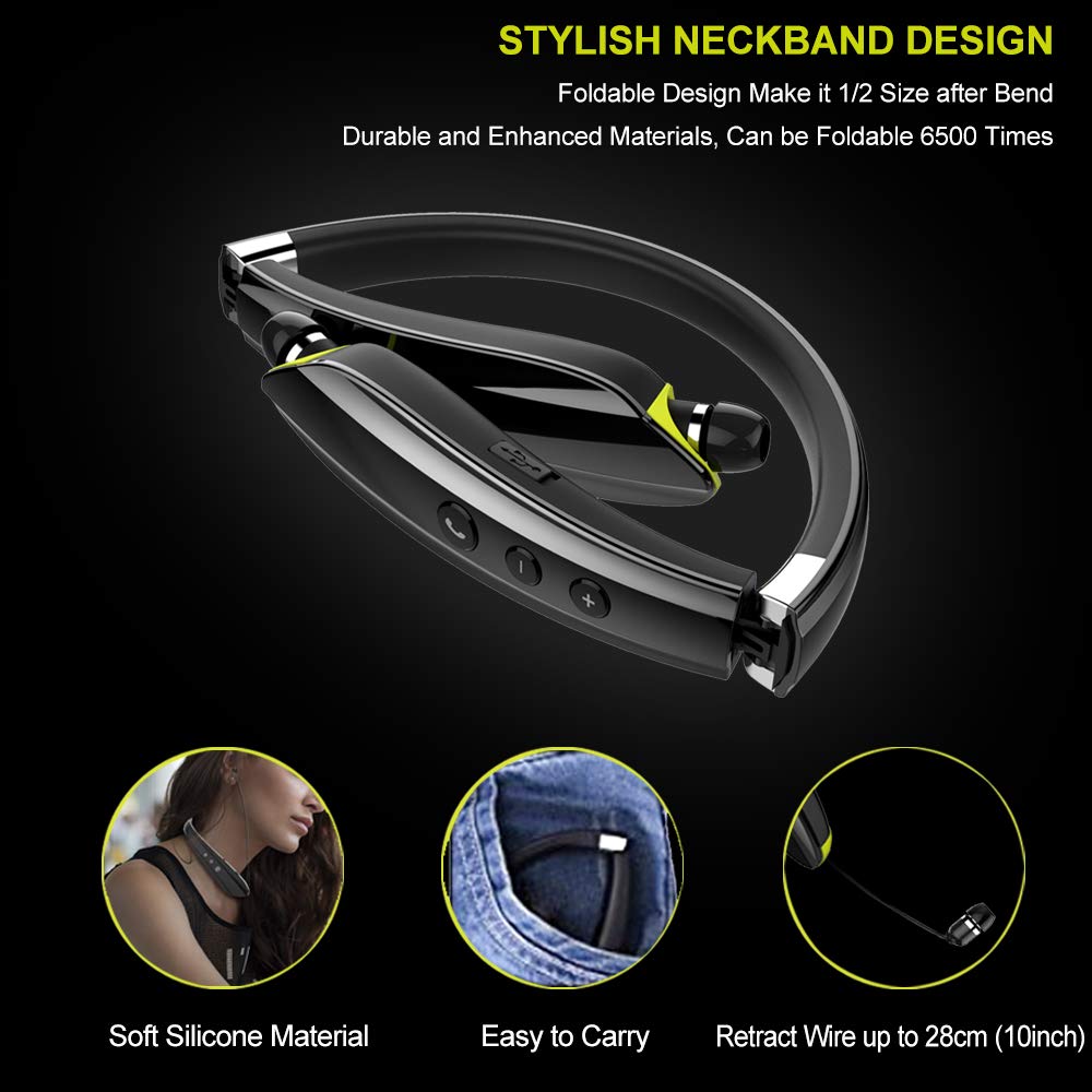 BEARTWO Bluetooth Headphones, Upgraded Foldable Wireless Neckband Headset with Retractable Earbuds, Noise Cancelling Stereo Earphones with Mic