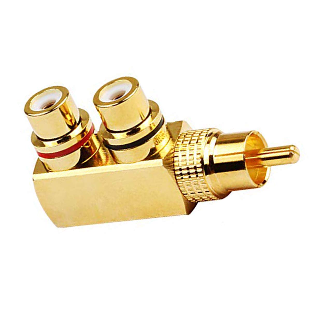 LYLGO 2 Pack Gold-Plated 90 Degree Right Angle RCA Male to 2 RCA Female Jack Audio Video TV Adapters