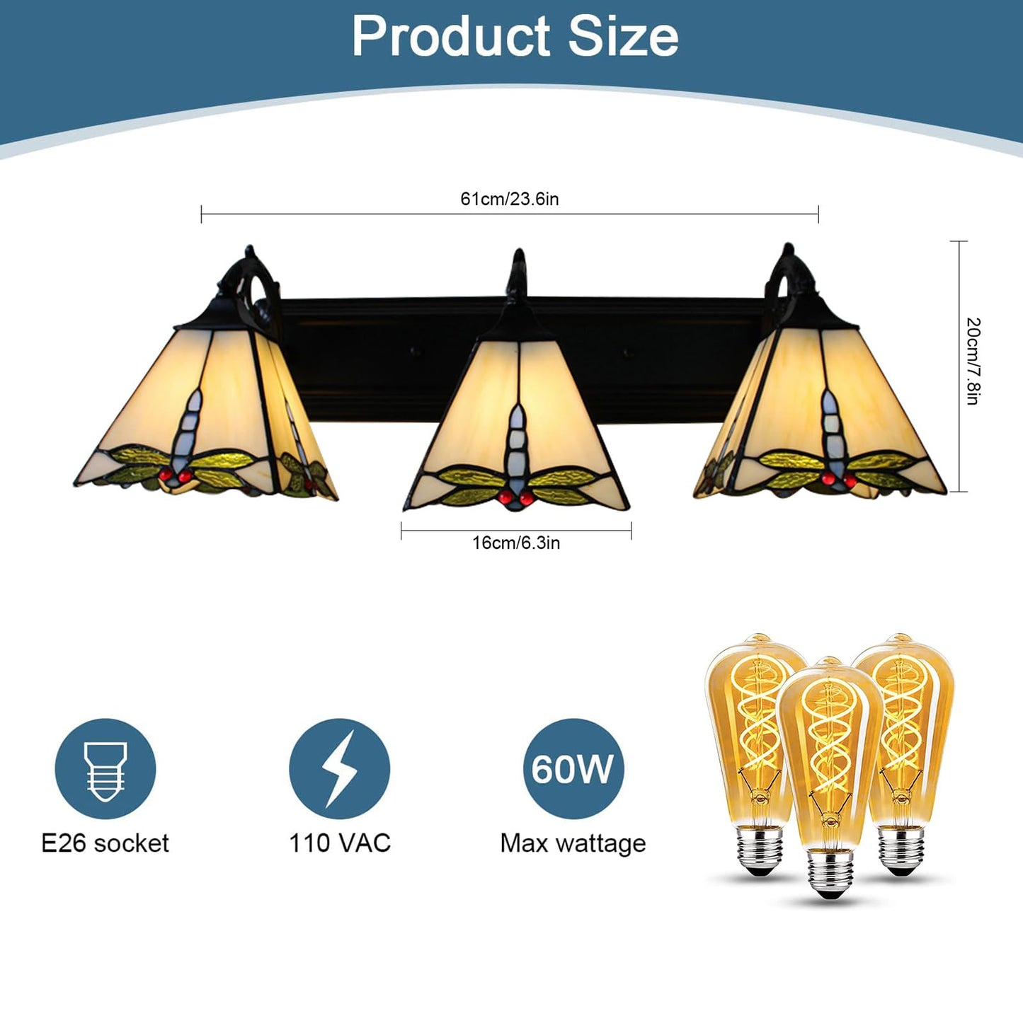 WUPYI Tiffany Style Wall Sconces 3 Lights,Vintage Stained Glass Wall Lamp for Bedroom Living Room Bathroom Hallway,Wall Mounted Vanity Light Indoor