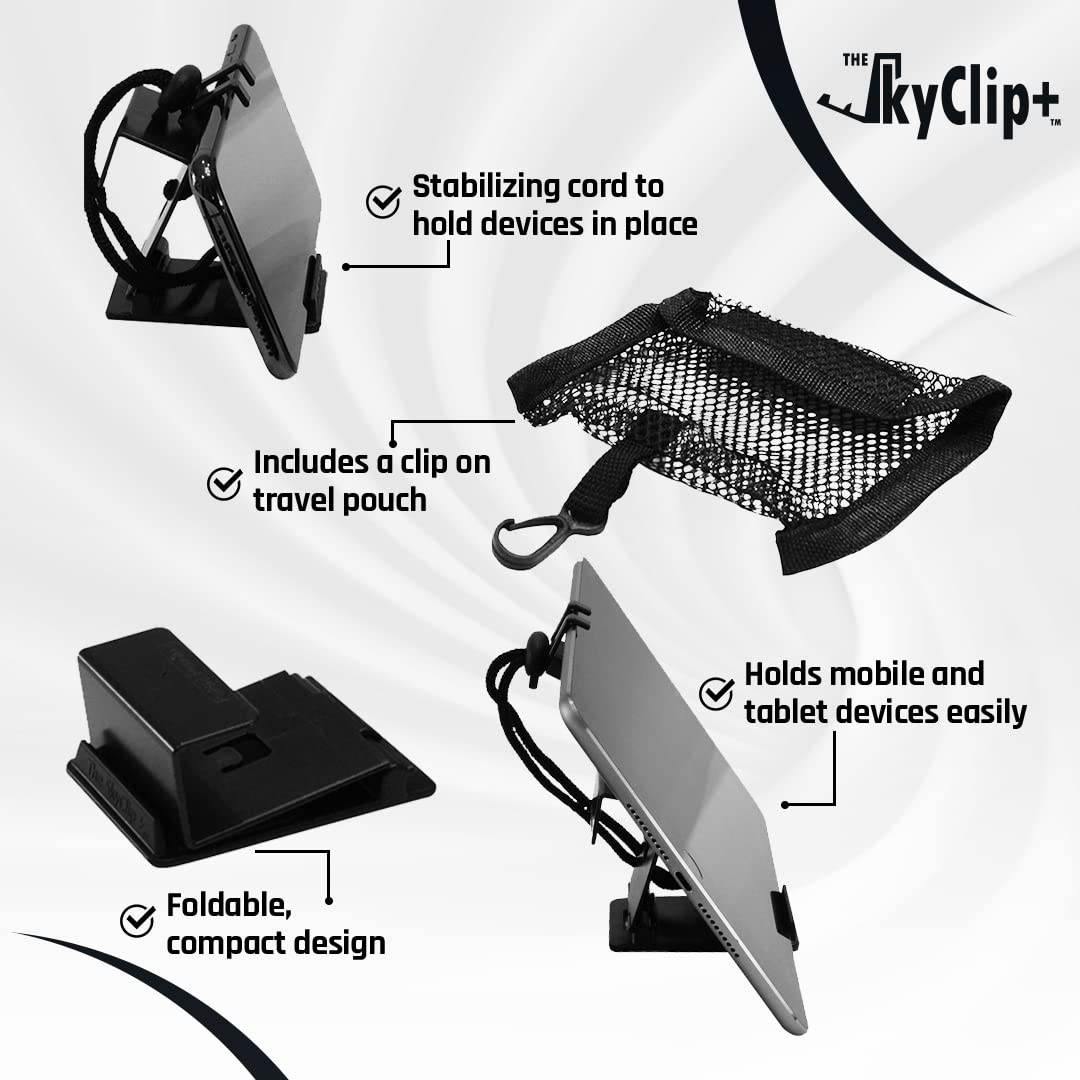 The SkyClip+ Phone & Tablet Holder for Air Travel, Home and Office Use - Inflight Phone Mount & Stand Compatible with iPhone, Android, Kindle