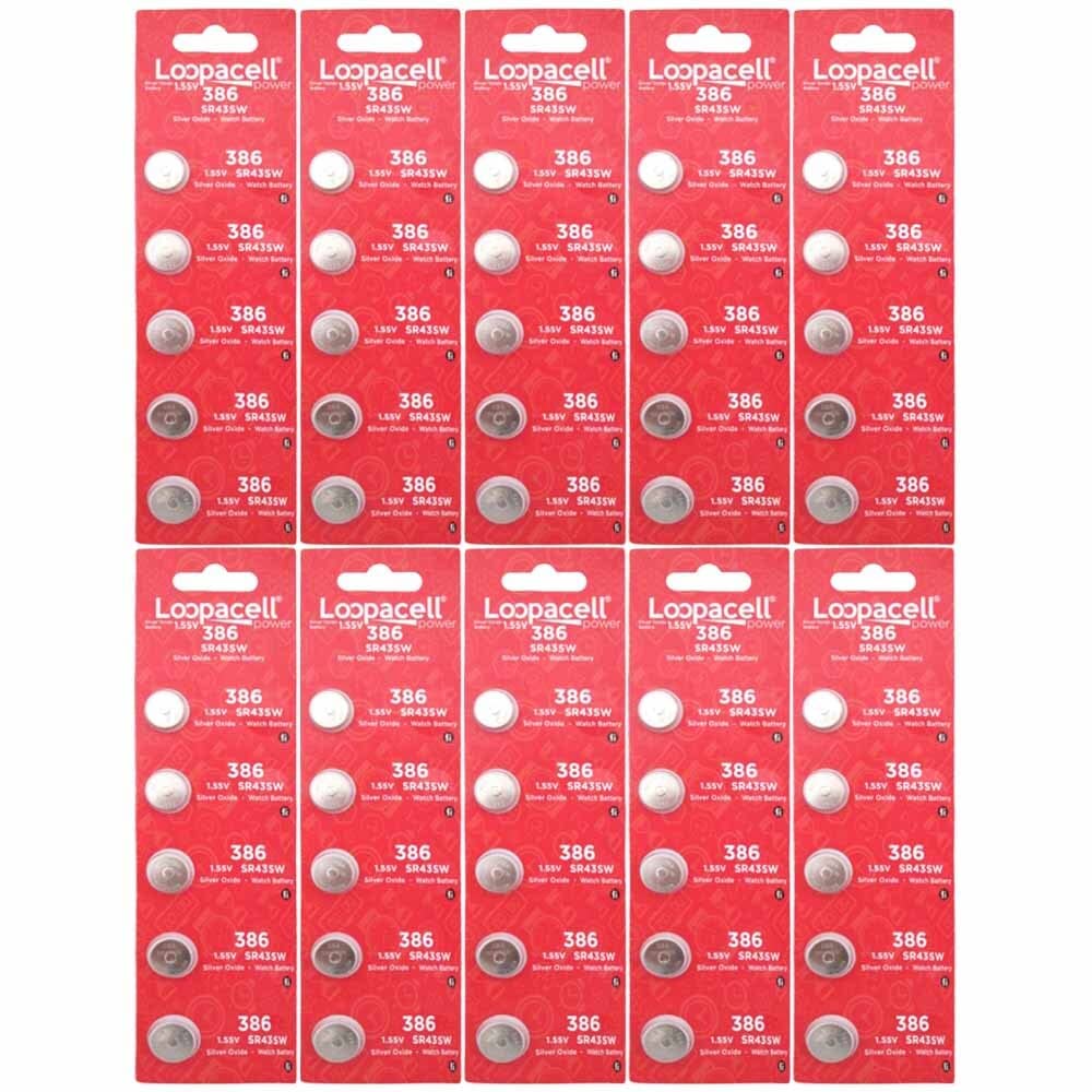 LOOPACELL 386/301 (SR43/W/SW) 1.55V Silver Oxide Watch Battery (50 Batteries)