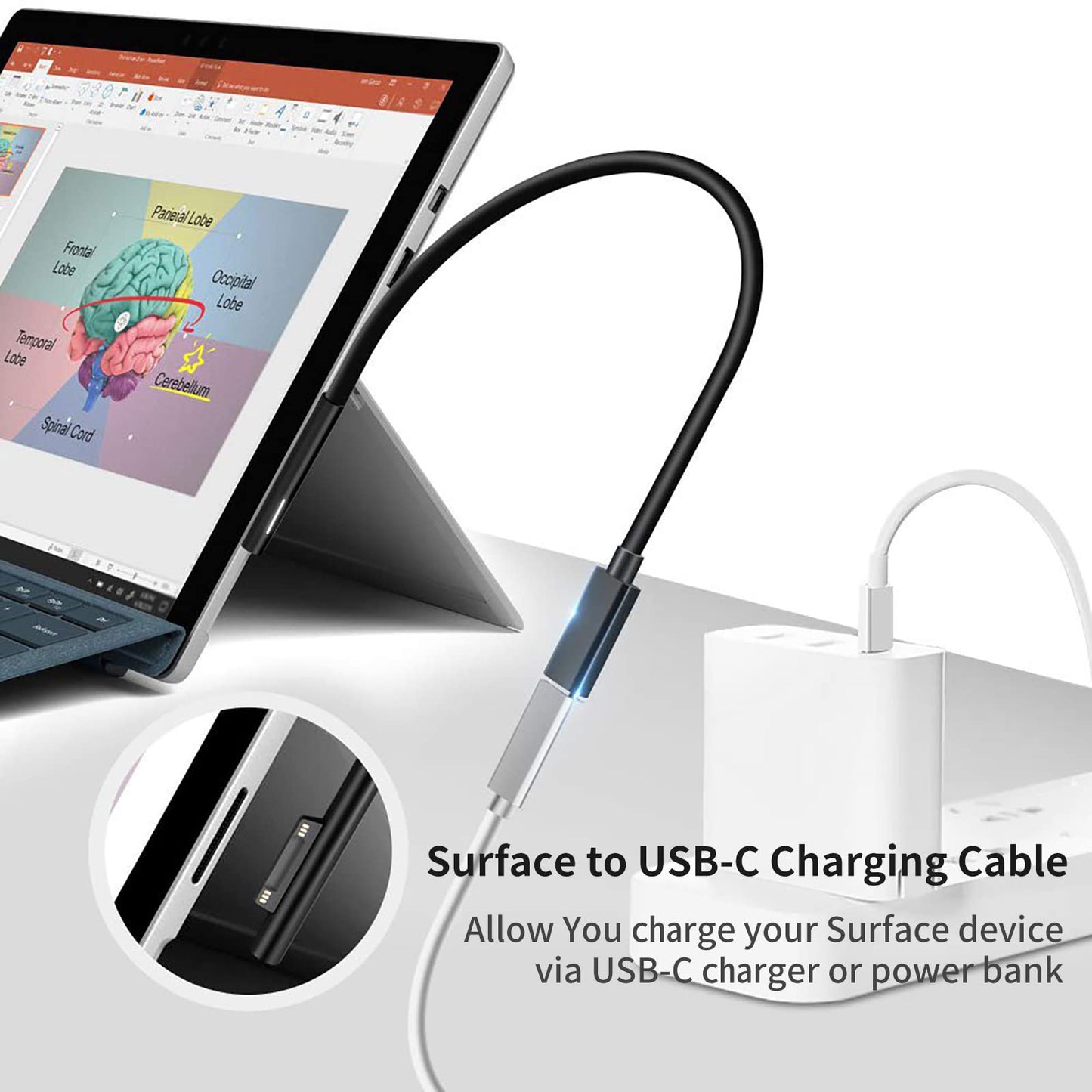 Sisyphy Nylon Braided Surface Connect to USB-C Charging Cable Dongle, Requires 45W 15V3A USBC Charger PD Power Supply, Compatible with Microsoft