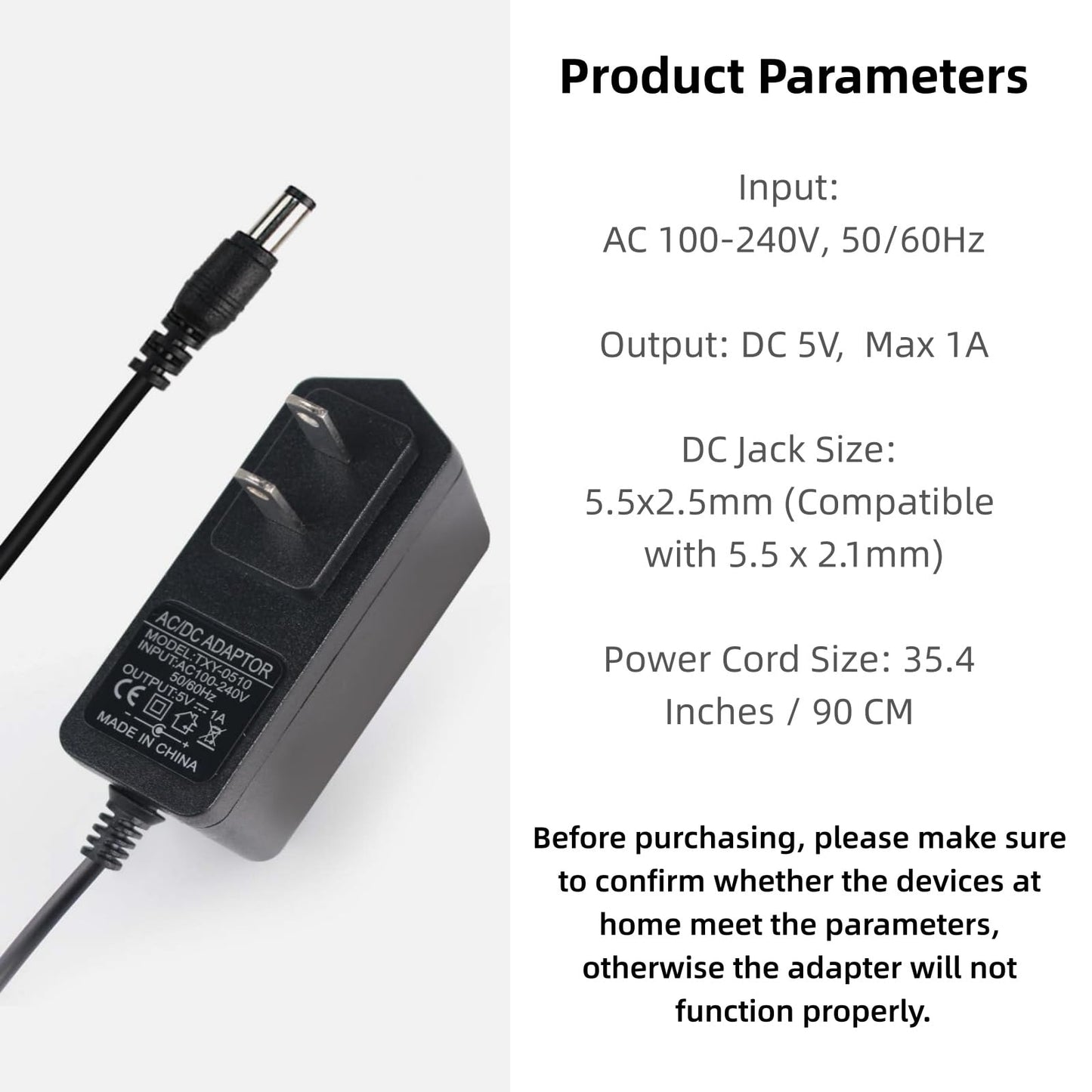 Yetaida 5V 1A DC Power Supply Cord, Max 5W Power Adapter Universal Wall Charger Plug, AC 100-240V to DC 5V 1A 5W, 5.5 * 2.5mm Jack Replacement Power…