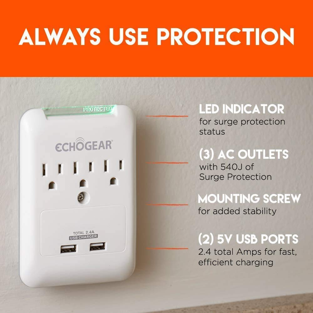 ECHOGEAR Outlet Extender Multiplug 2 Pack with 3 AC Outlets & 2 USB Ports - Low Profile Design Sits Just 1.1" from Wall - Protects Your Gear with 540