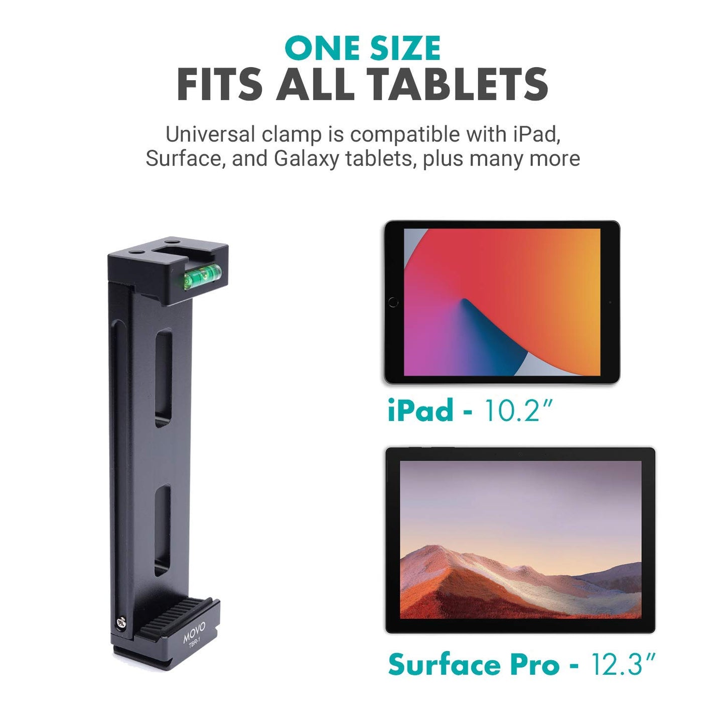 Movo TBR-1 Universal Tablet Tripod Mount with Cold Shoe for Mini Microphone, Aluminum, Compatible with iPad, Samsung Galaxy, Android Tablets and More