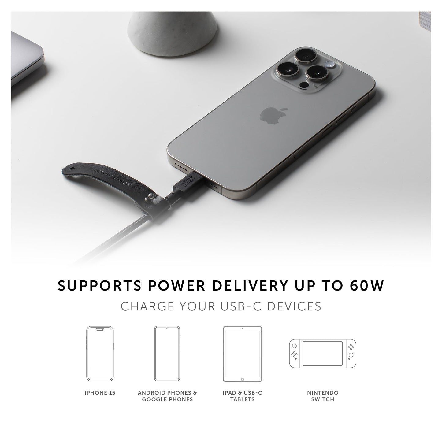 Native Union Belt Cable USB-C to USB-A - 4ft Ultra-Strong Charging Cable with Leather Strap Compatible with iPhone 17, Samsung Galaxy Z Fold 7, Flip