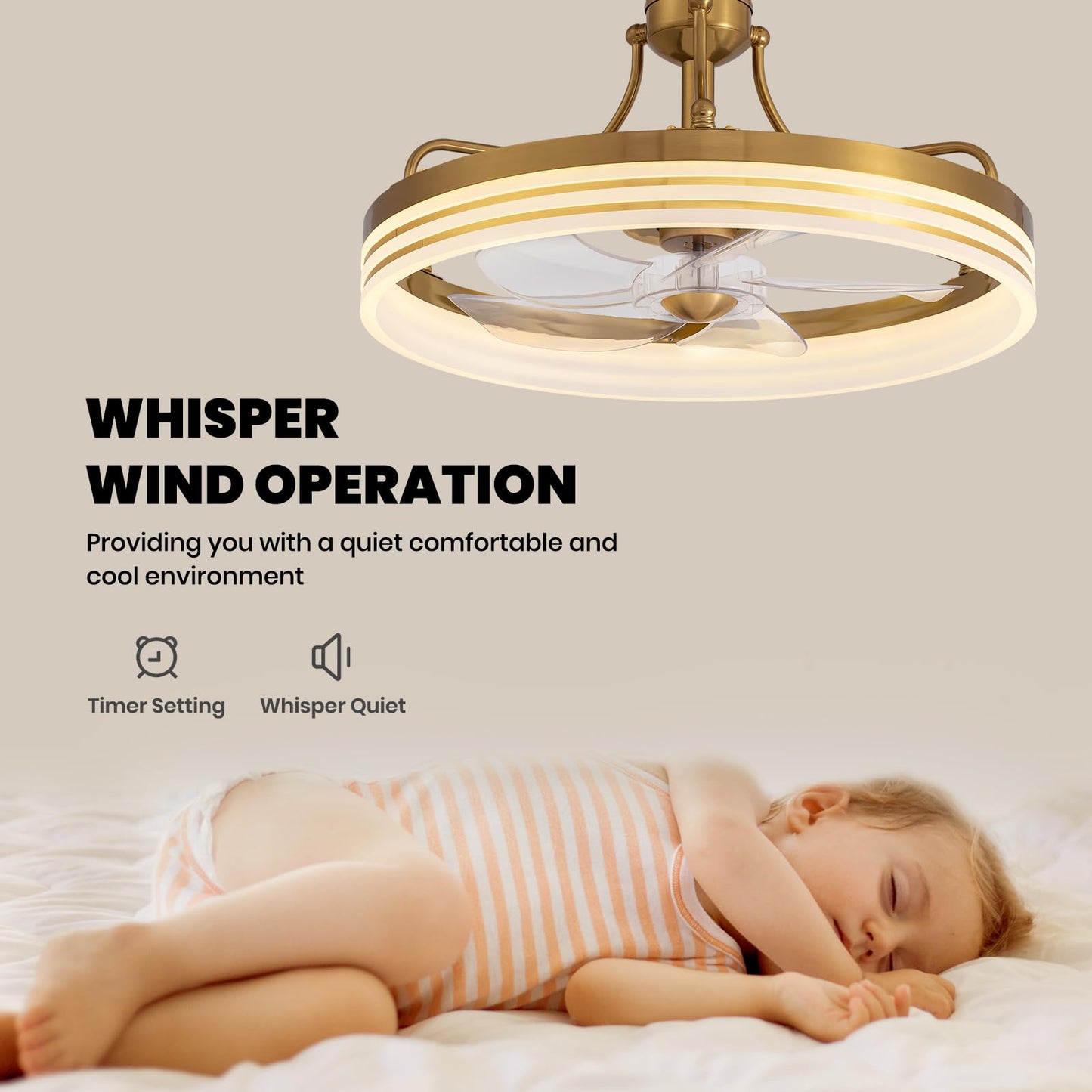 MOOONICHE 20inch Ceiling Fan with Light Gold Flush Mount Fandelier with Remote Control Modern LED Ceiling Fan 6 Wind Speeds Fandelier for Bedroom