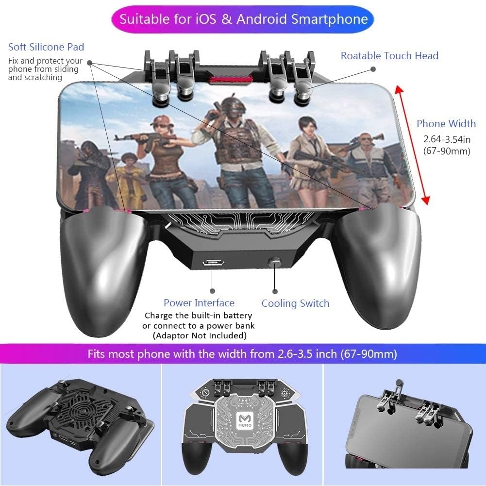 Mobile Game Controller Fast Cooling Phone Gamepad 4 Trigger 6 Finger Operation Grip 4000 mAh Built-in battery Rechargeable for iPhone, Samsung