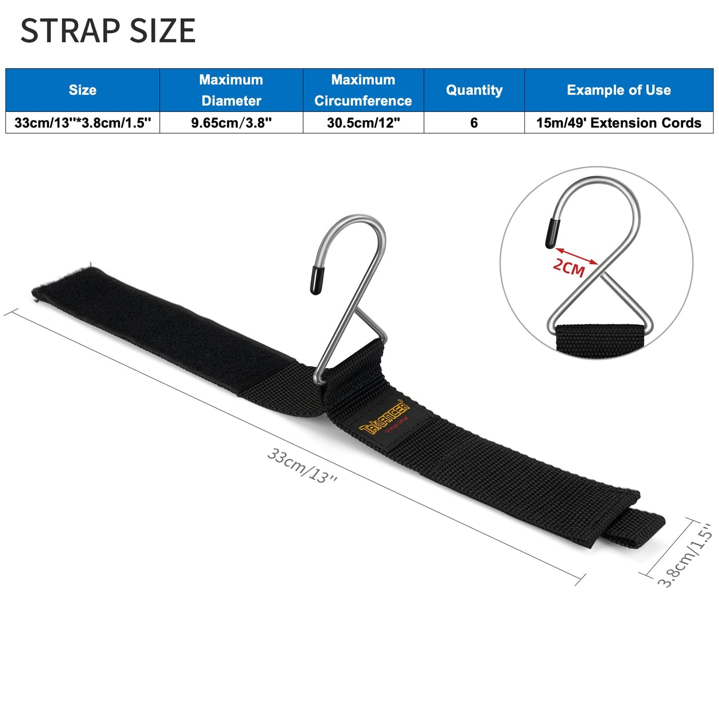 Extension Cord Organizer and Hanger (6-Pack), Trilancer Hook-and-Loop Storage Straps with Metal Hook to Hang on Walls for Cables, Wires, Rope, Hoses
