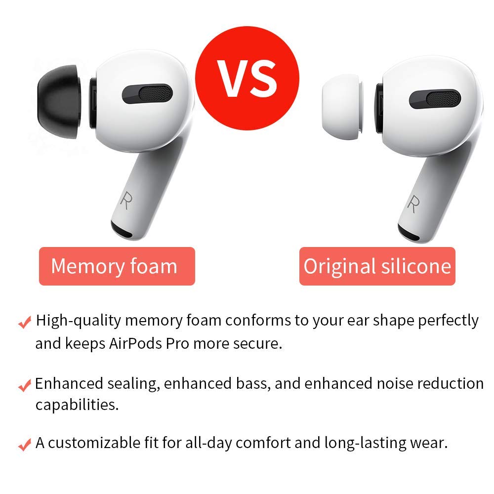 Lanwow Memory Foam Ear Tips for AirPods Pro 1st & 2nd Gen, 3 Pairs, Assorted S/M/L, Secure Fit, Black