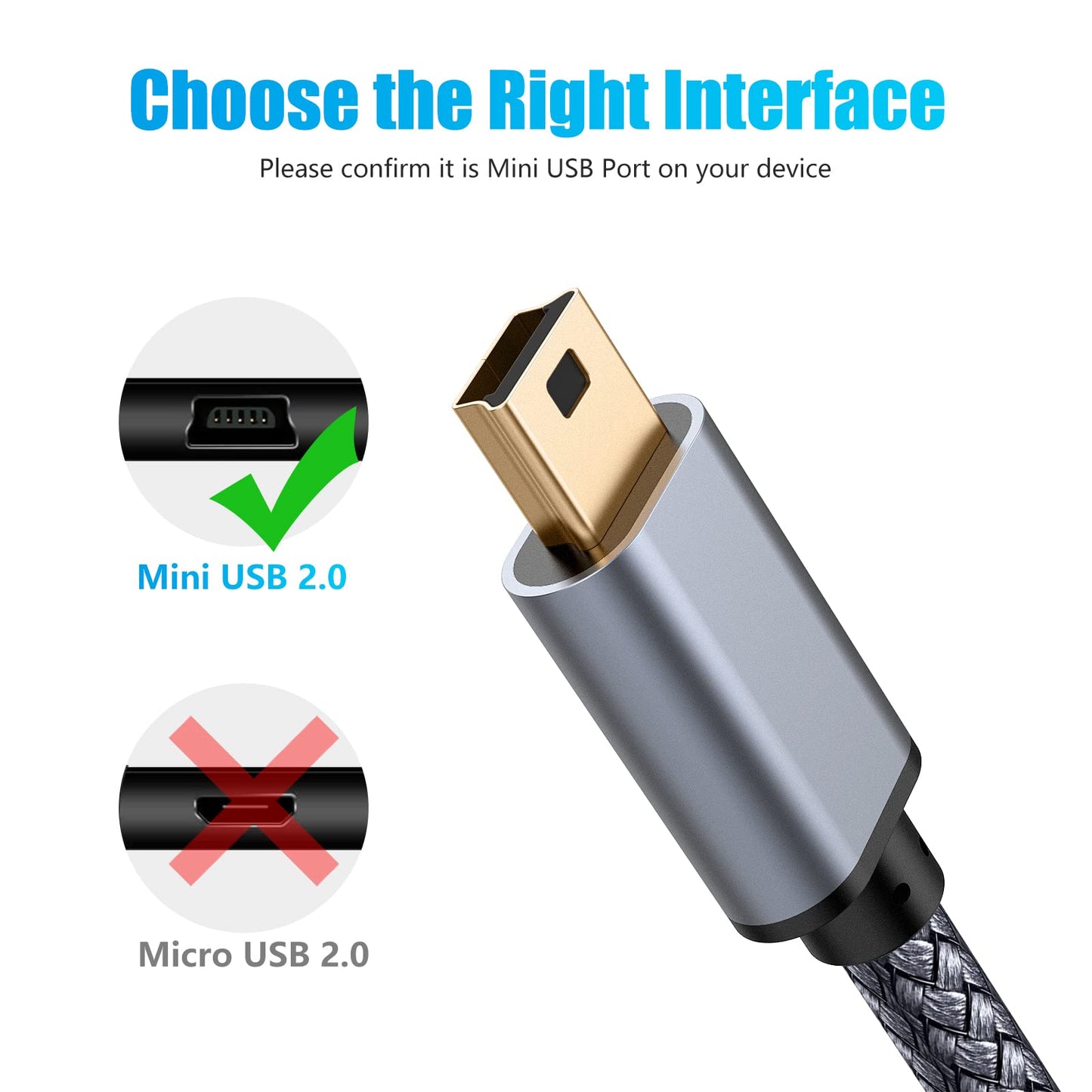 NA Meokse 20ft Mini USB Cable Portable USB 2.0 Type A to Mini B High Speed Data Charging Cable Compatible with Hero HD, Cell Phones, MP3 Players, Dash