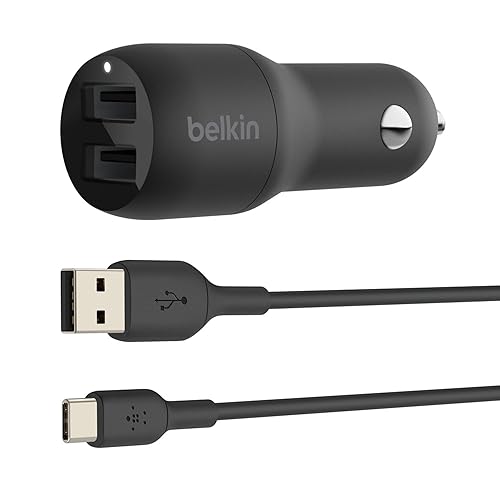 Belkin 24 Watt Dual USB Car Charger - 2 12W USB A Ports with USB-C Cable for Fast Charging Apple iPhone 14, 14 Pro, 14 Pro Max, iPhone 13, Samsung